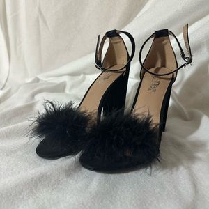 Black Fluffy Strap Heels